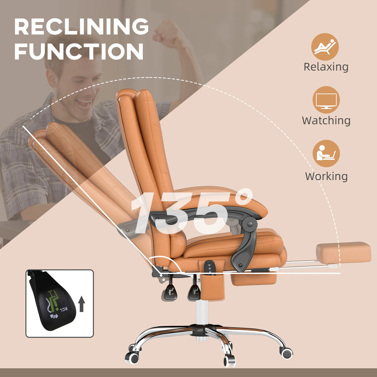 Vinsetto High Back Vibration Massage Office Chair, Heated Reclining PU Leather Computer Chair with 135 Reclining Back and Footrest, Light Brown