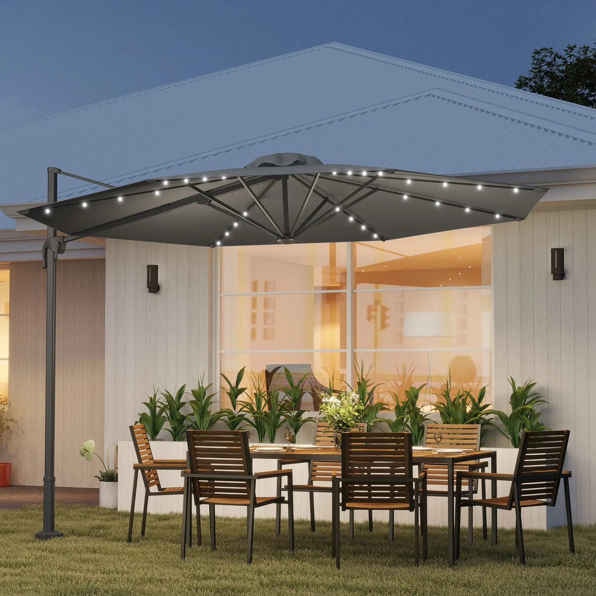 Outsunny 3(m) Cantilever Roma Parasol Patio Sun Umbrella with Crank & Tilt LED Solar Light Cross Base 360 Rotating Outdoor, Dark Grey