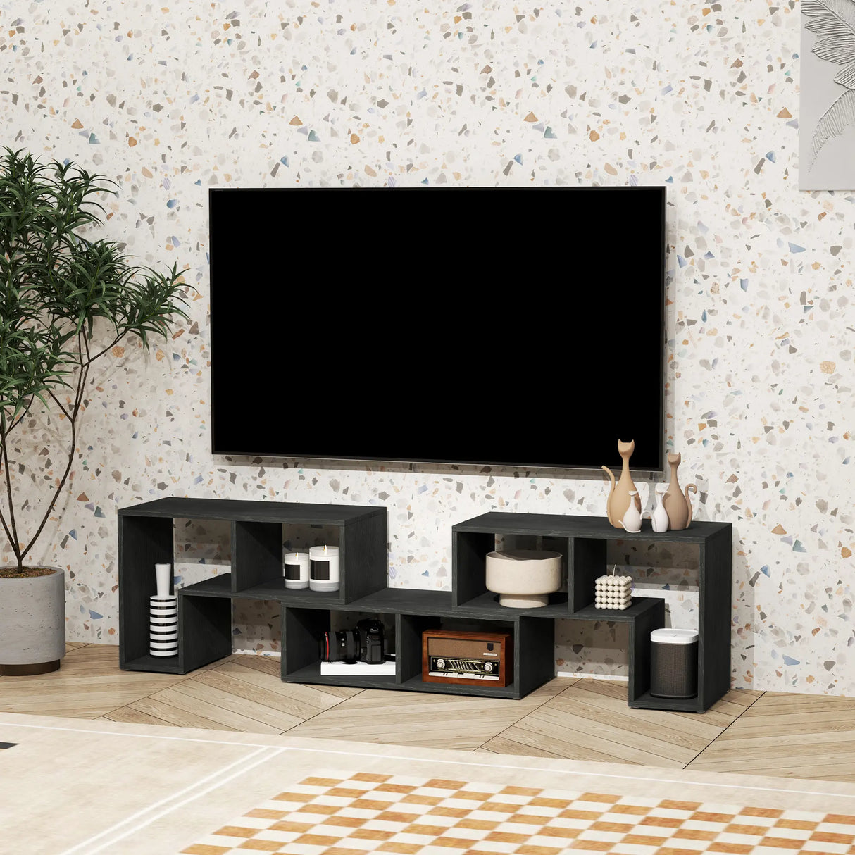 HOMCOM Three-Block Modular TV Stand - Black Wood-Effect