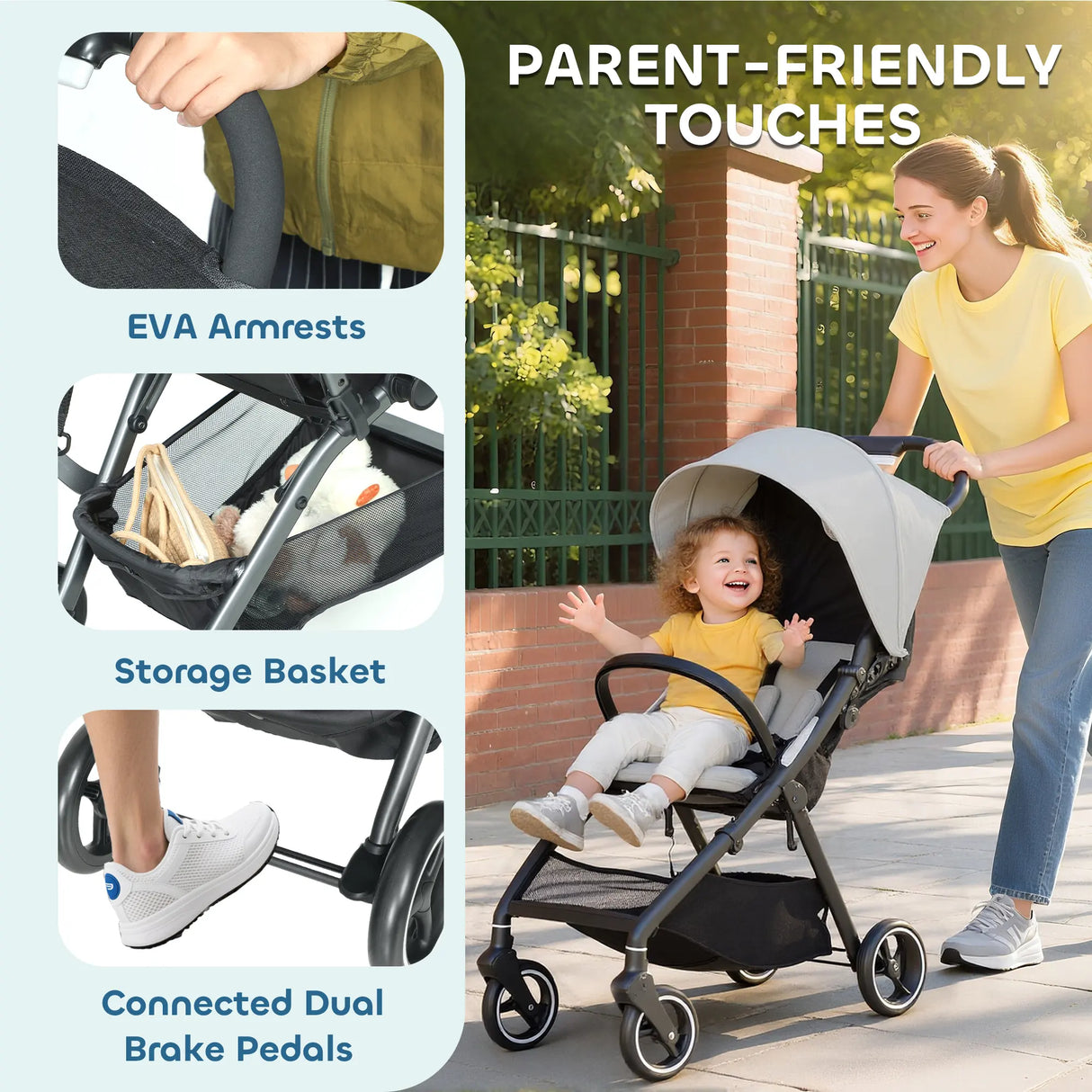 AIYAPLAY Travel Stroller, Lightweight Pushchair, Compact Buggy with Canopy, Basket and Multi-Position Recline, Light Grey
