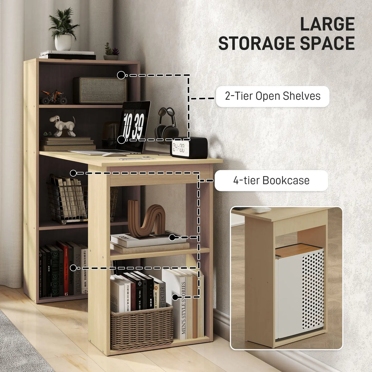 HOMCOM 120cm Computer Desk, Wooden PC Laptop Table with 6-Tier Storage Bookshelves, Home Office Working Study Desk, Writing Workstation, Natural Wood