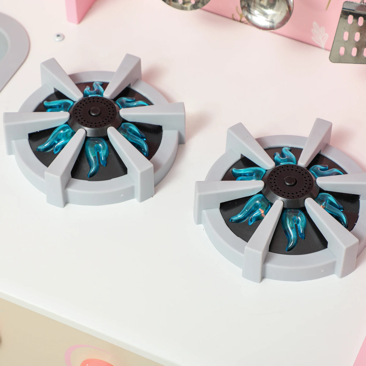 AIYAPLAY Play Kitchen, Kids Kitchen Set with Lights and Sounds, Double Stoves, Ice Maker, Chalkboard for 3+ Years, Pink