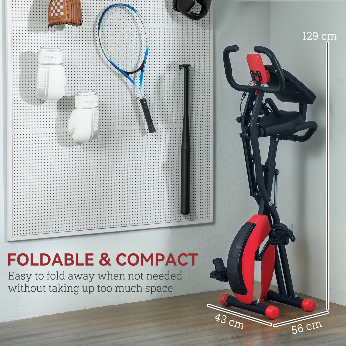 SPORTNOW Five-in-one Foldable Exercise Bike, Stationary Bike with Arm Workout Bands, LDC Monitor, Phone Holder, Red