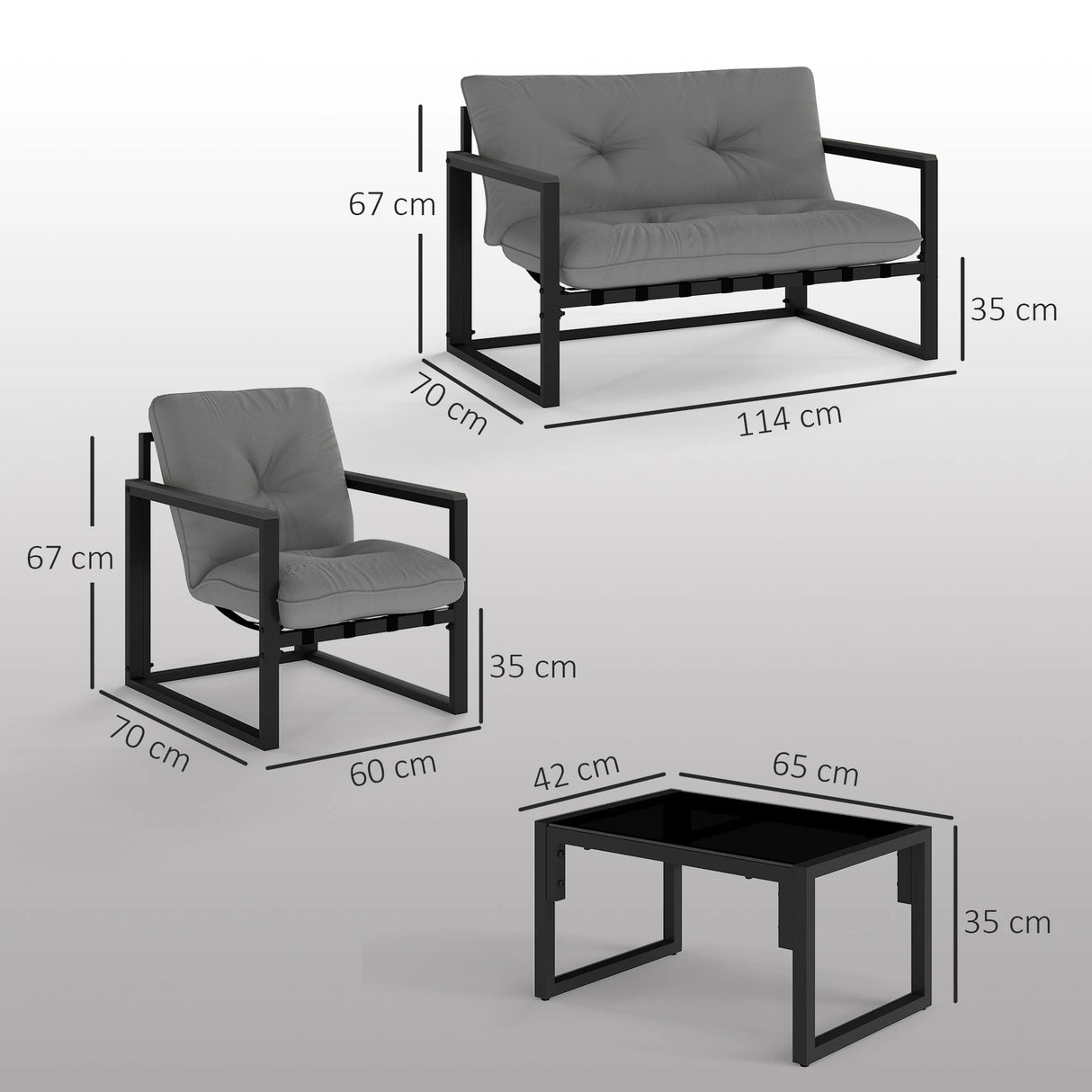 Outsunny Garden Furniture Set, 4 Piece Indoor Outdoor Conservatory with Loveseat Sofa, Armchairs, Glass Top Coffee Table, Cushions for Balcony, Poolside, Patio, Dark Grey