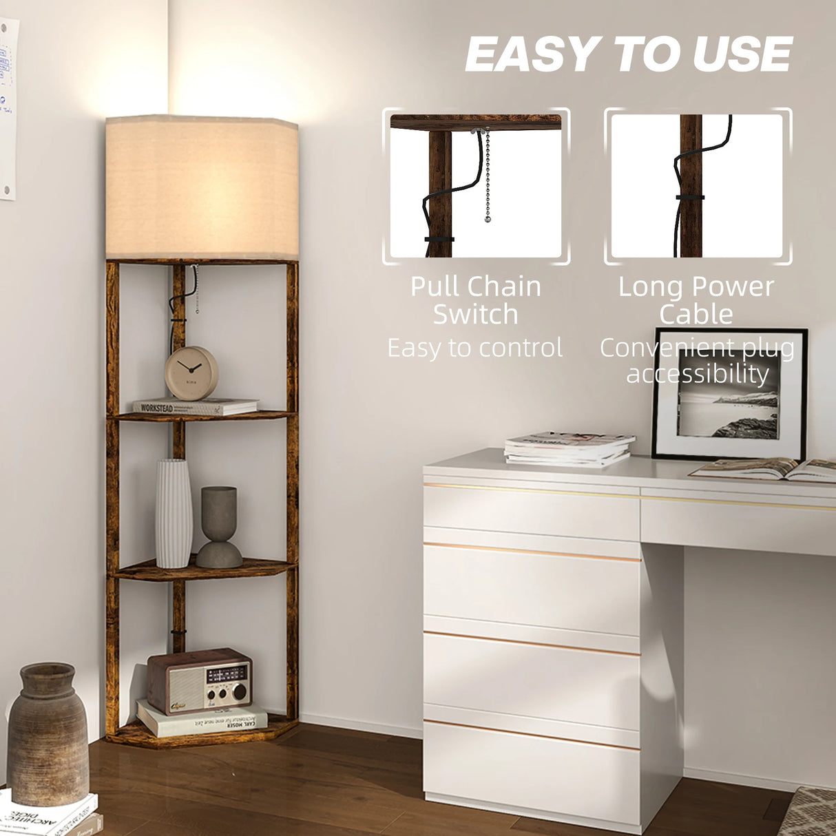 HOMCOM Corner Floor Light, with Shelves - Wood-Effect