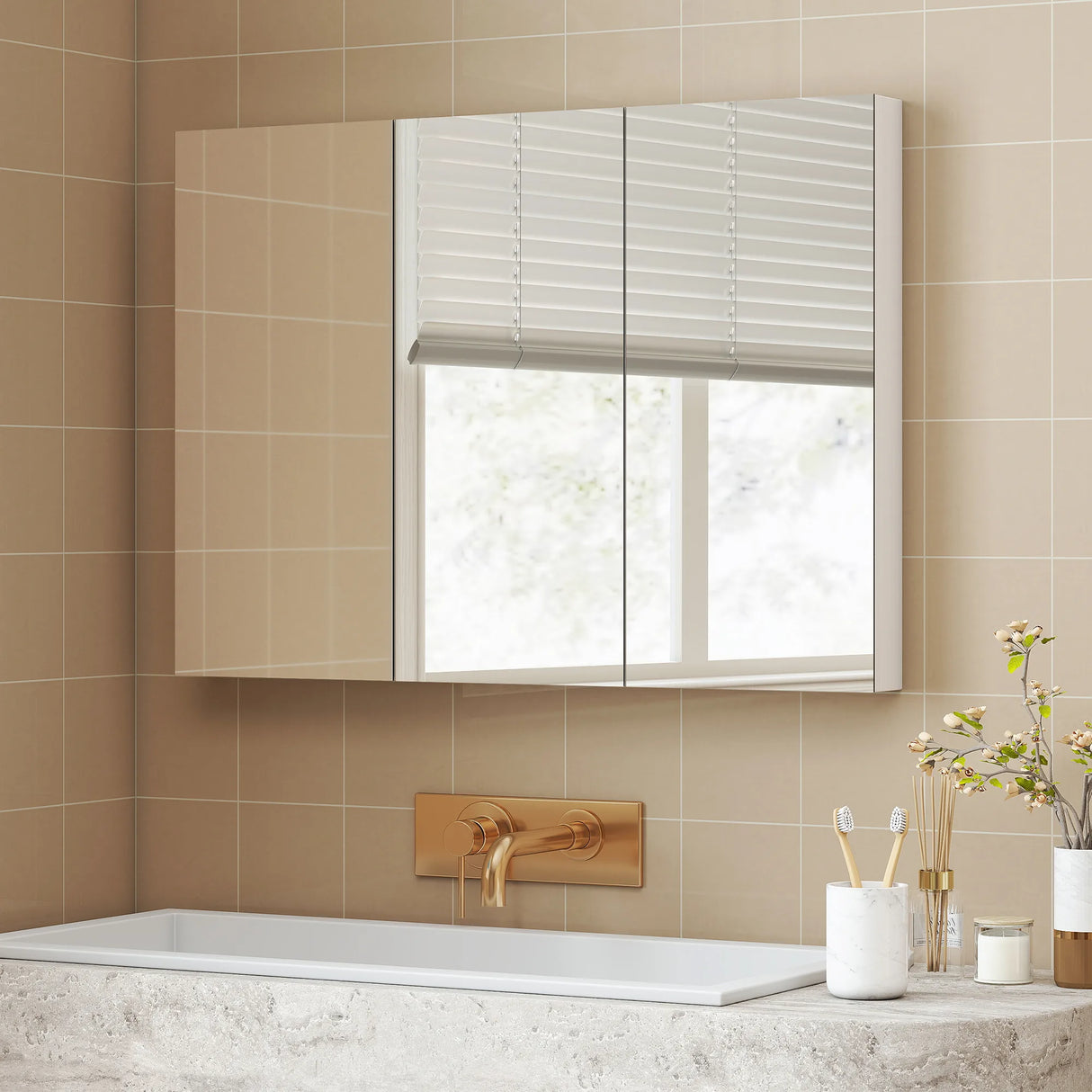 HOMCOM Three-Mirror Bathroom Storage Cabinet - White