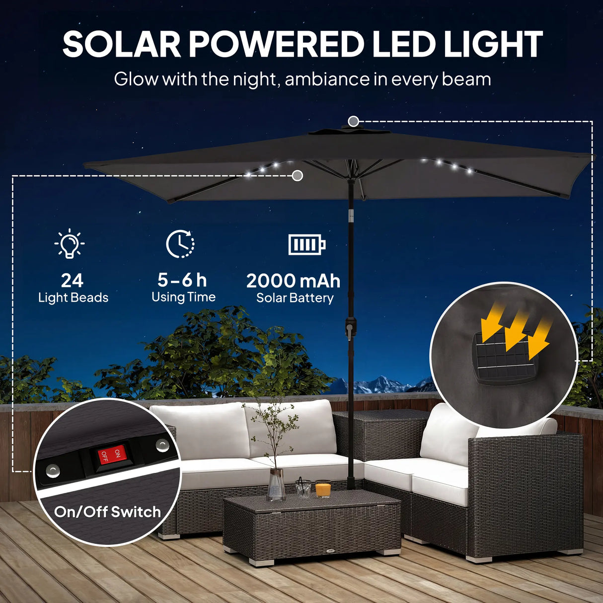 Outsunny 3 x 2 m Garden Parasol Umbrella with LED Solar Light, Parasol Cover, Outdoor Market Patio Umbrella, Black