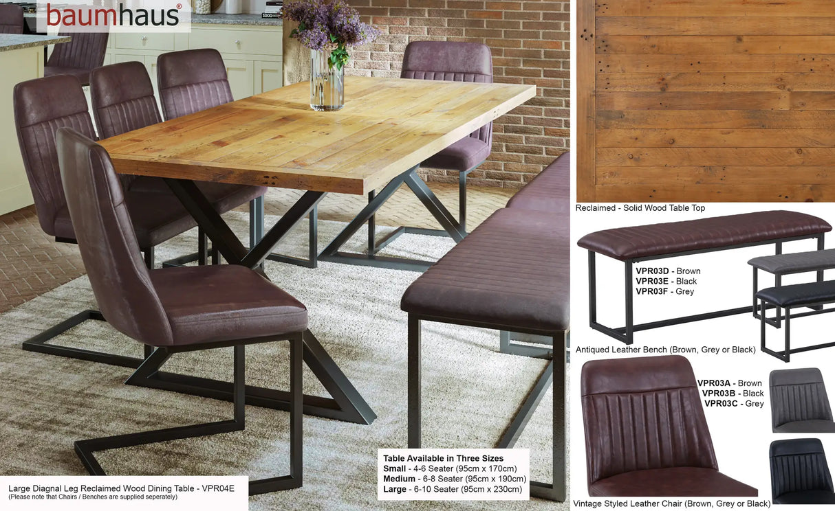 Urban Elegance - Reclaimed Table LARGE (Diagonal Leg / 95cm x 230cm top) 6-10 Seater