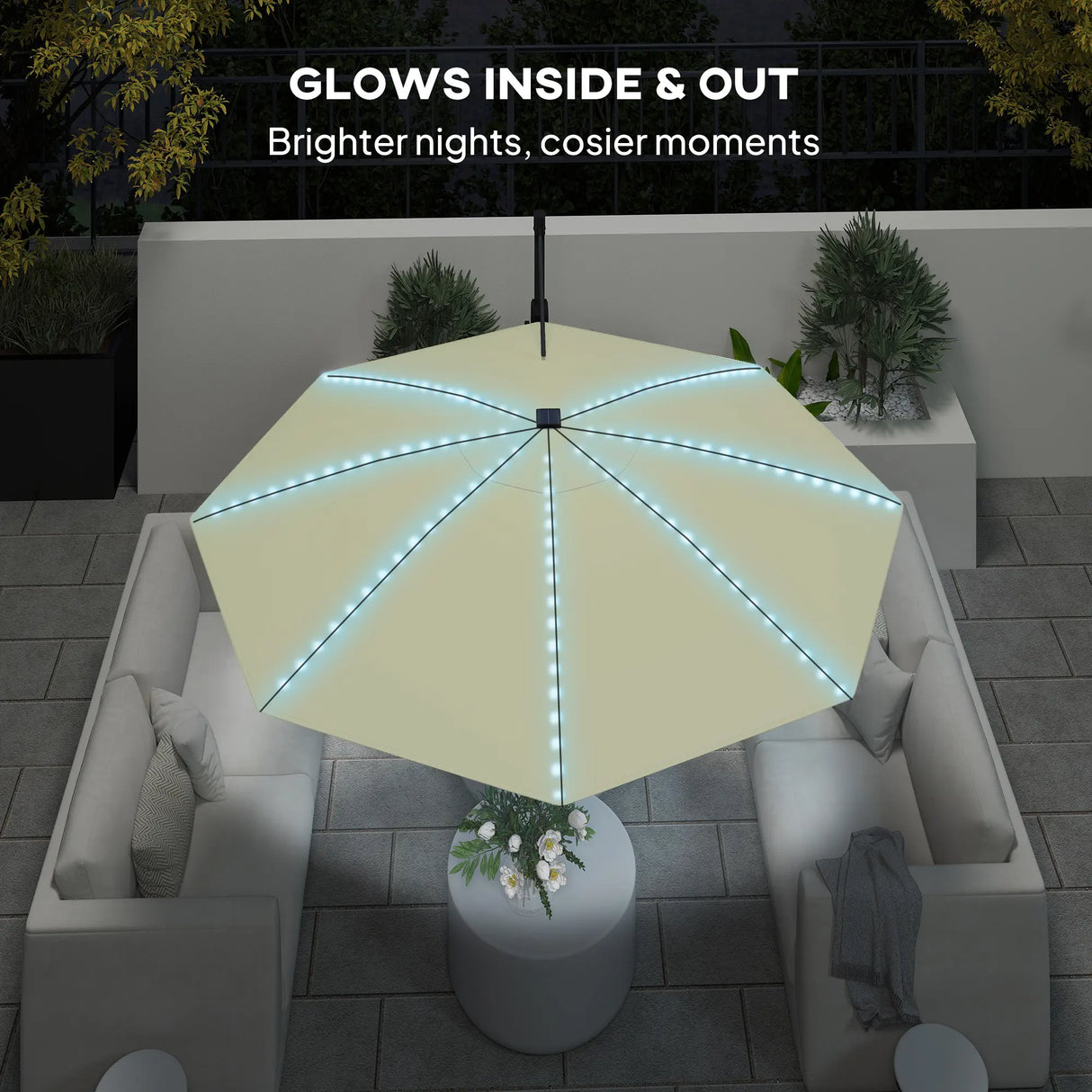 Outsunny 3(m) Cantilever Garden Parasol with Solar Powered Lights, Crank Handle & Cross Base, UPF 50+, 360 Rotation, Cream