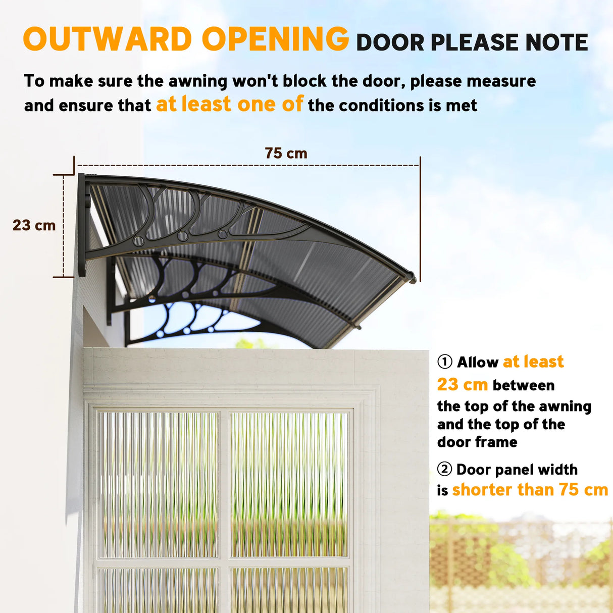 Outsunny Front Door Canopy Outdoor Awning Aluminium Rigid Plastic Polycarbonate Rain Shelter UV Water Rain Resistant 196 x 75cm Black