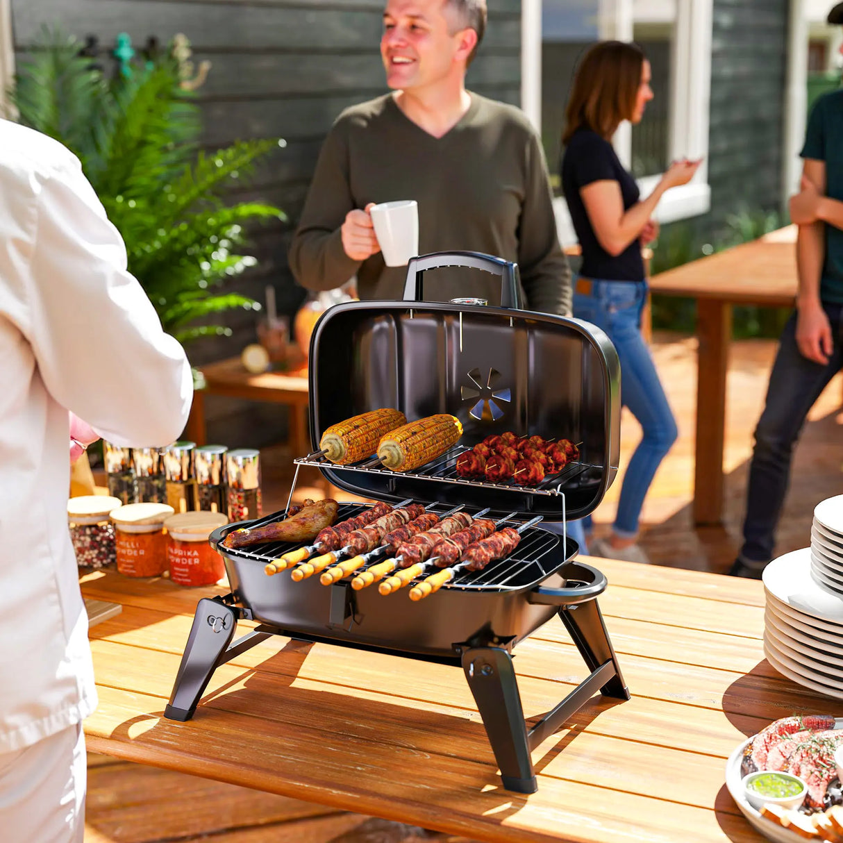 Outsunny Charcoal Barbecue Grill Folding BBQ Grill with 1232 cm2 Cooking Area, Adjustable Vent, Thermometer, Handles for Camping Picnic, Black