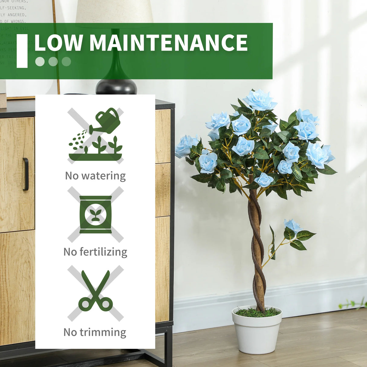 Outsunny Set of 2 Artificial Plants White Rose Floral in Pot, Fake Plants for Home Indoor Decor, 90cm, Light Blue