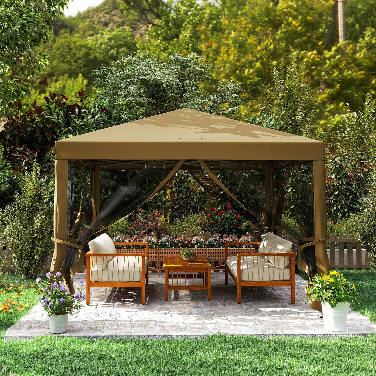 Outsunny 3 x 3 m Pop Up Gazebo, 420D Garden Tent Canopy with Removable Mesh Sidewall Netting, Carry Bag for Garden Patio Outdoor, Khaki