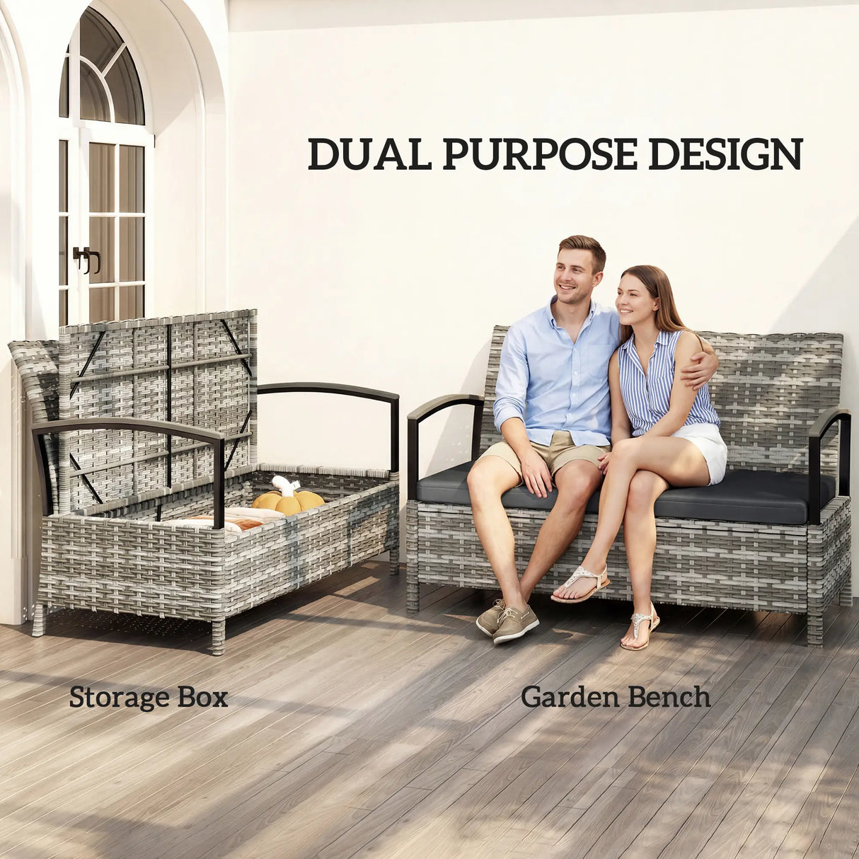 Outsunny 125L Garden Storage Bench, 2 Seater PE Rattan Outdoor Bench Storage Box with Padded Cushion, Dark Grey