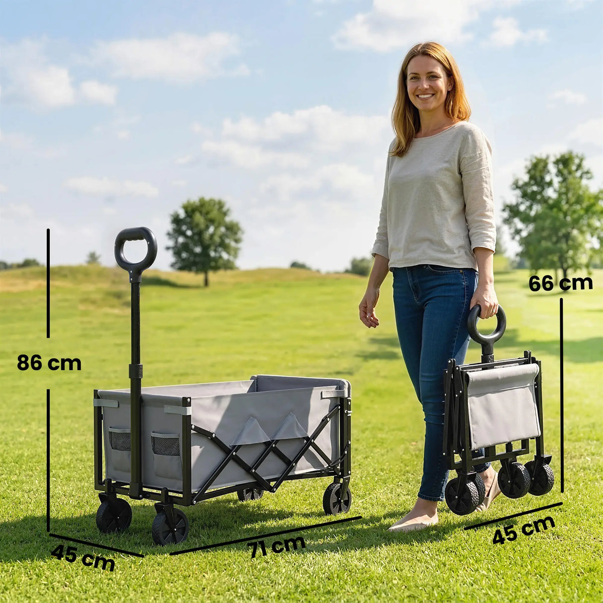 Outsunny 60L Foldable Festival Trolley on Wheels, Collapsible Wagon Cart with Drop-Down Tailgate, Adjustable Handle, Grey