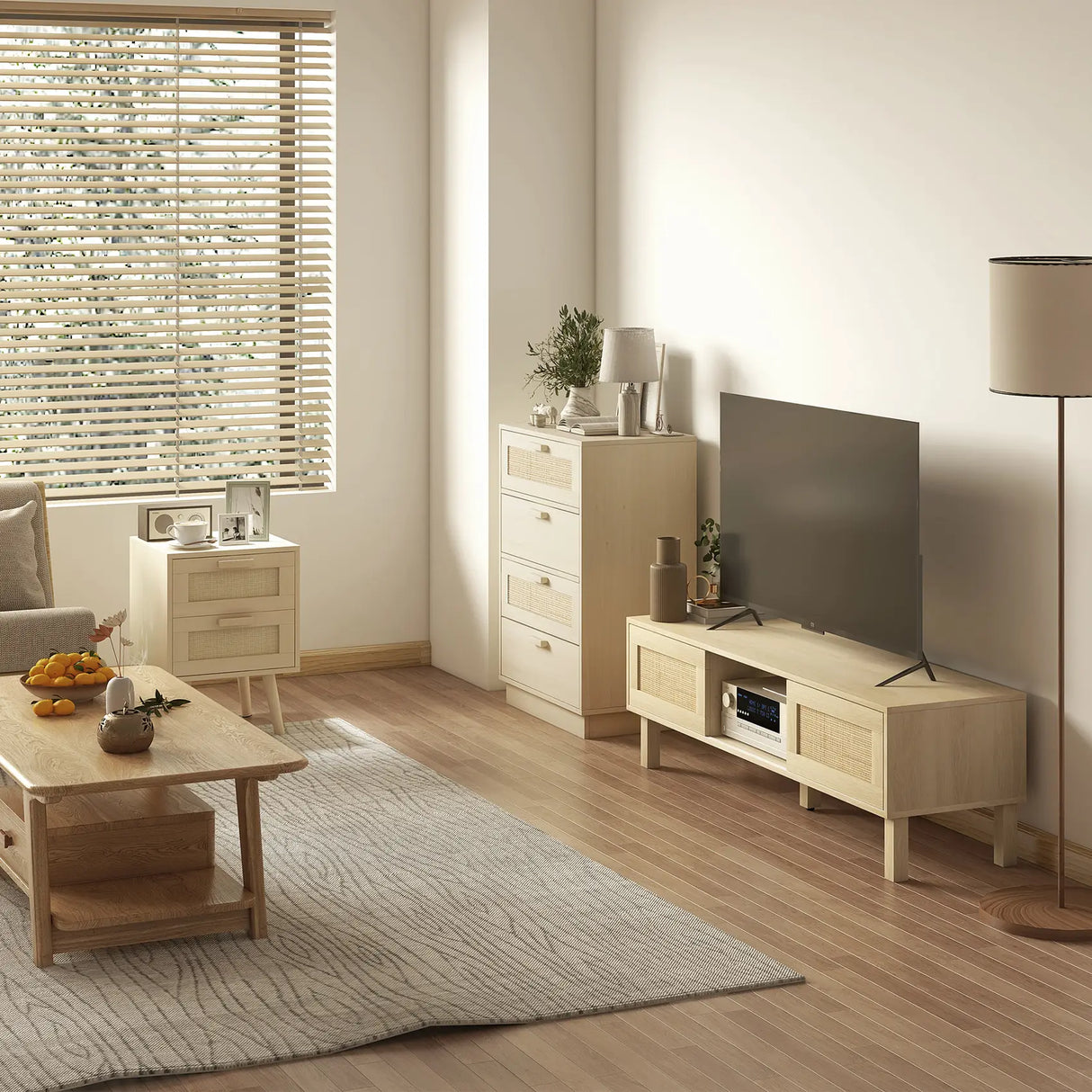 HOMCOM Chest of Four Rattan Weave Panel Drawers - Wood-Effect