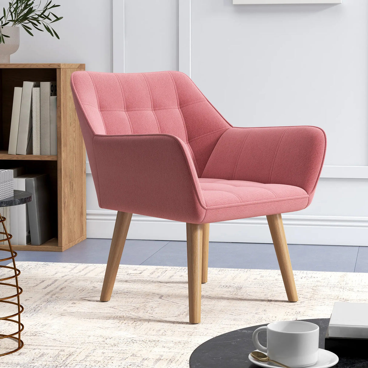 Set of 2 Accent Chair, Arm Chair with Slanted Back, Thick Padding and Rubber Wooden Legs for Living Room, Pink