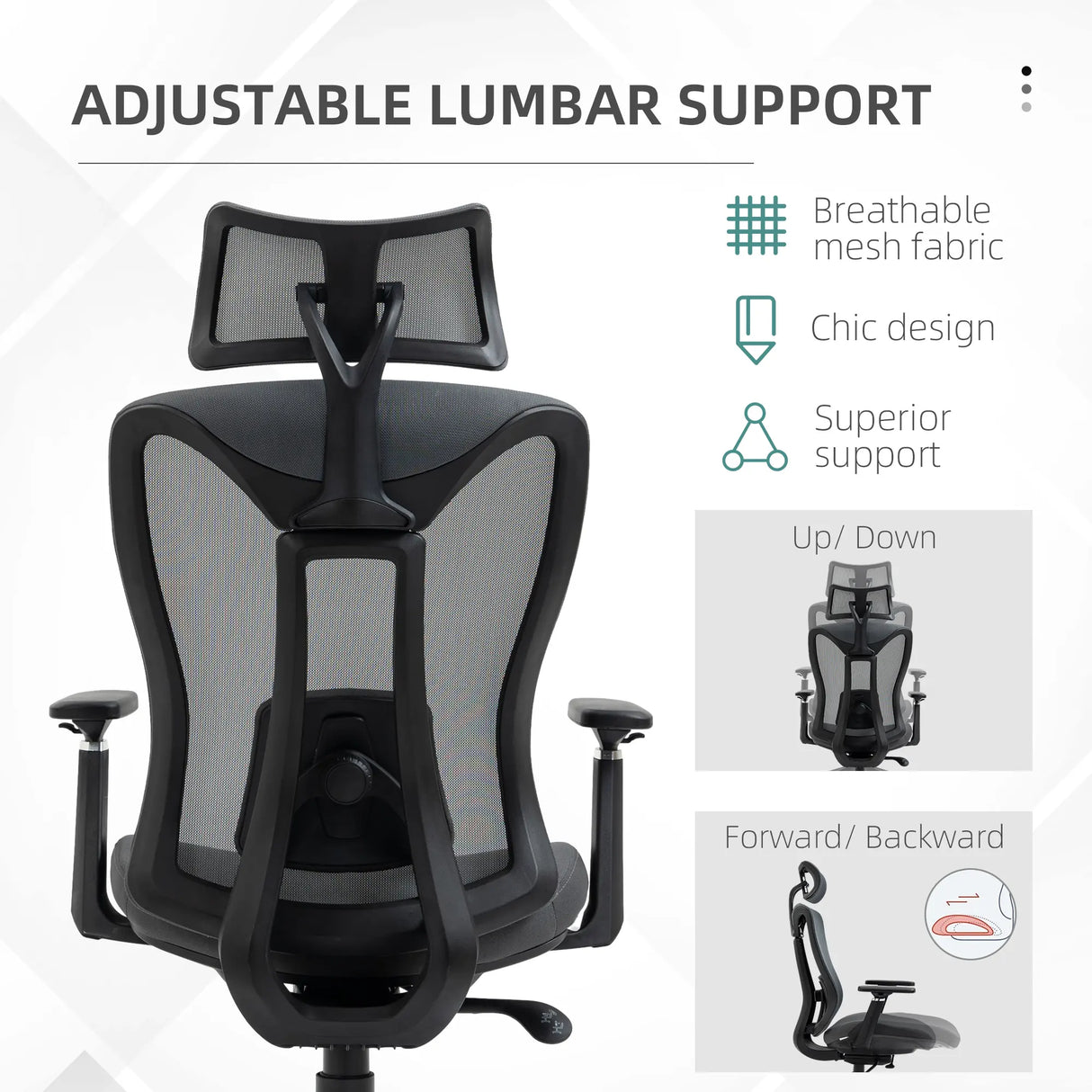 Vinsetto Mesh Office Chair, Ergonomic Desk Chair, Computer Chair with Adjustable Headrest and Lumbar Support, 135 Reclining Back and 3D Armrest for Home Office Study, Grey