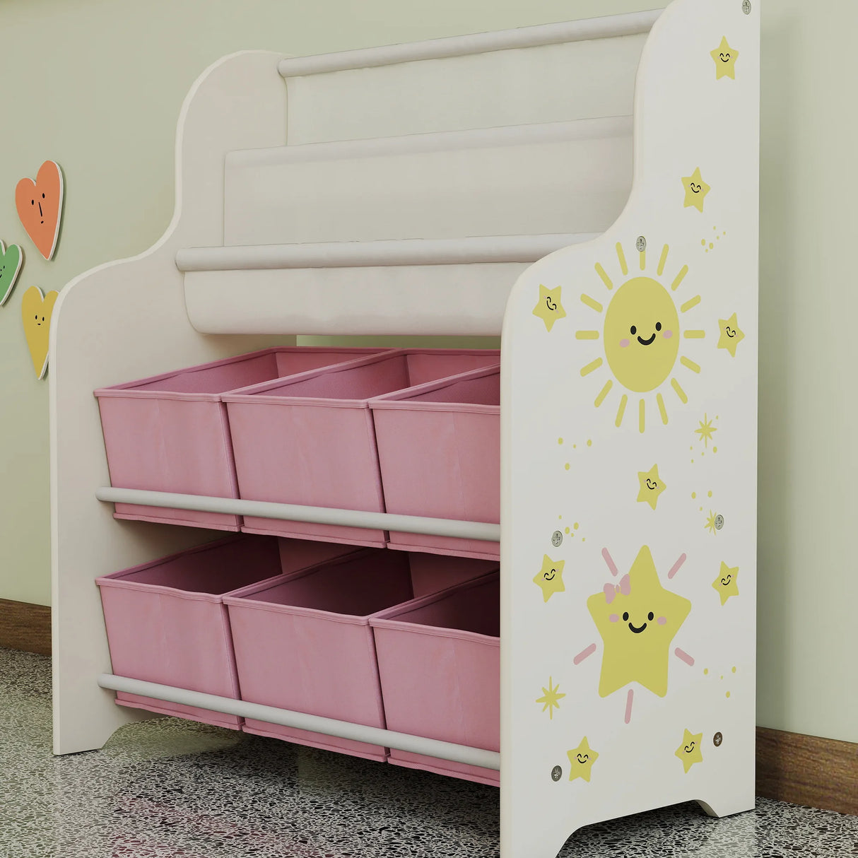 AIYAPLAY Kids Storage Unit, Toy Organiser with 6 Fabric Drawers and 2-Tier Sling Book Rack for Bedroom, Playroom, Nursery, Pink