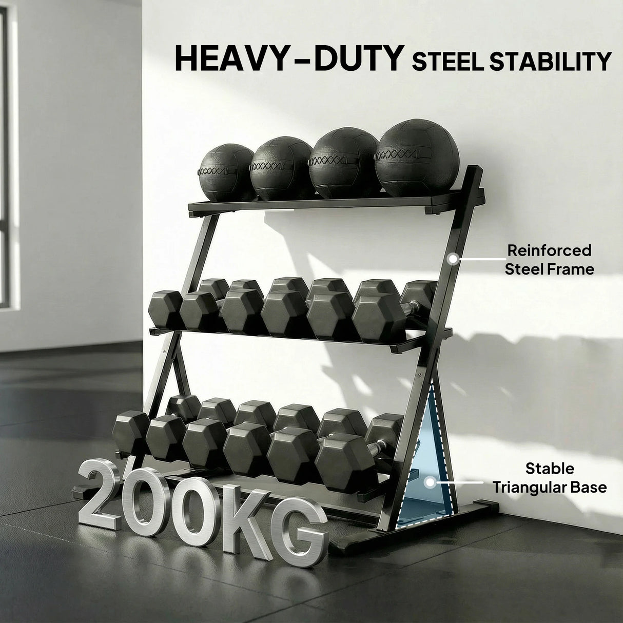 SPORTNOW 3-Tier Adjustable Dumbbell Rack, Heavy-Duty Weight Rack for Dumbbells, Kettlebells and Multiple Balls, Space-Saving Weight Storage Stand for Home Gym, 200 KG Capacity