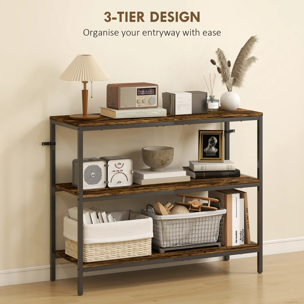 HOMCOM 3-Tier Console Table with Storage Shelves - Rustic Brown