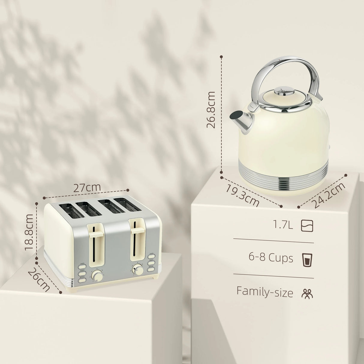 HOMCOM Polished Stainless Steel Kettle and Toaster Set - Cream