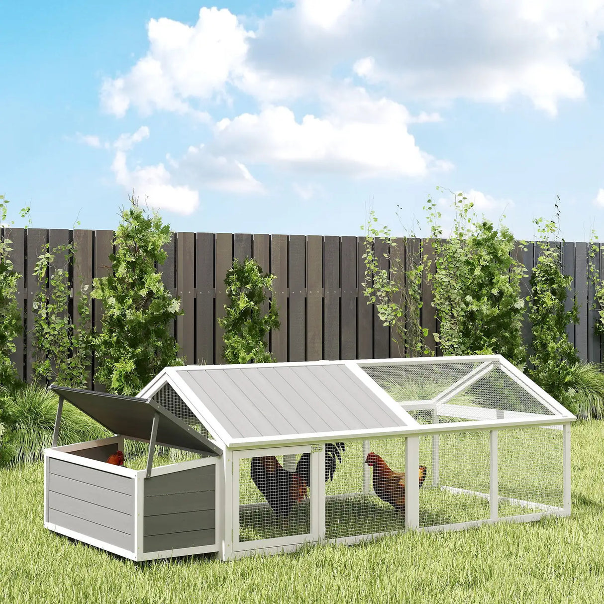 PawHut Wooden Chicken Coop with Nesting Box, Openable Roof, for 4-8 Chickens, White