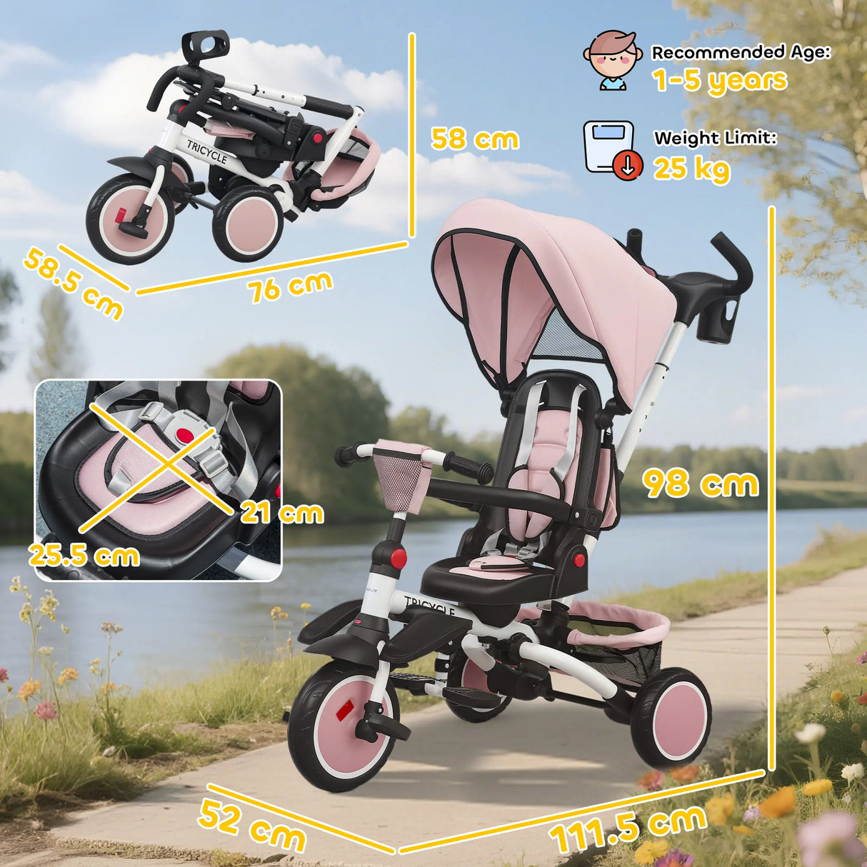 AIYAPLAY 6 in 1 Foldable Kids Trike with Adjustable Parent Handle & Canopy for Ages 1-5, Pink