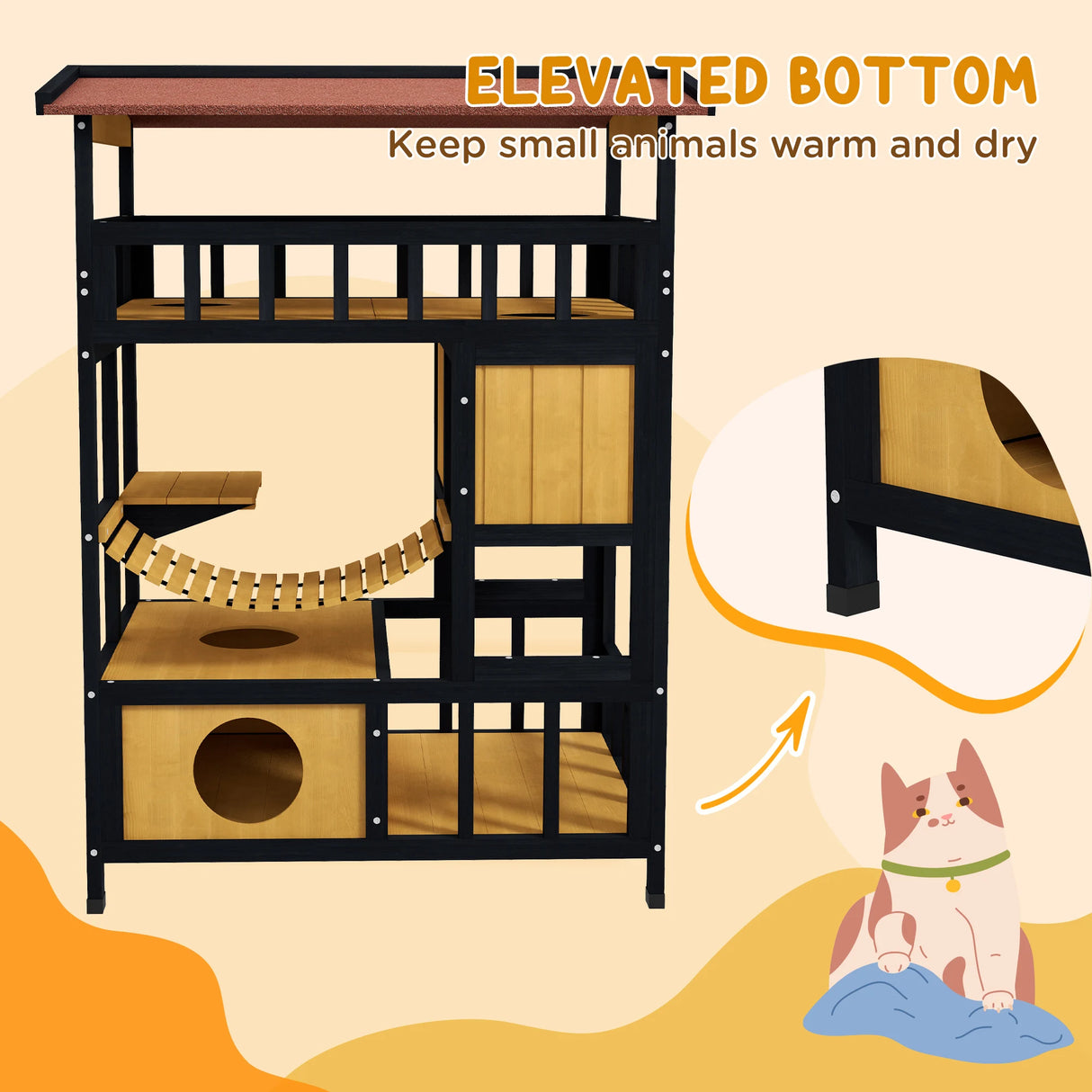 PawHut Outdoor Cat Shelter, Four-Tier Wooden Feral Cat House, with Suspension Bridge, Cat Houses, Balcony, Escape Doors