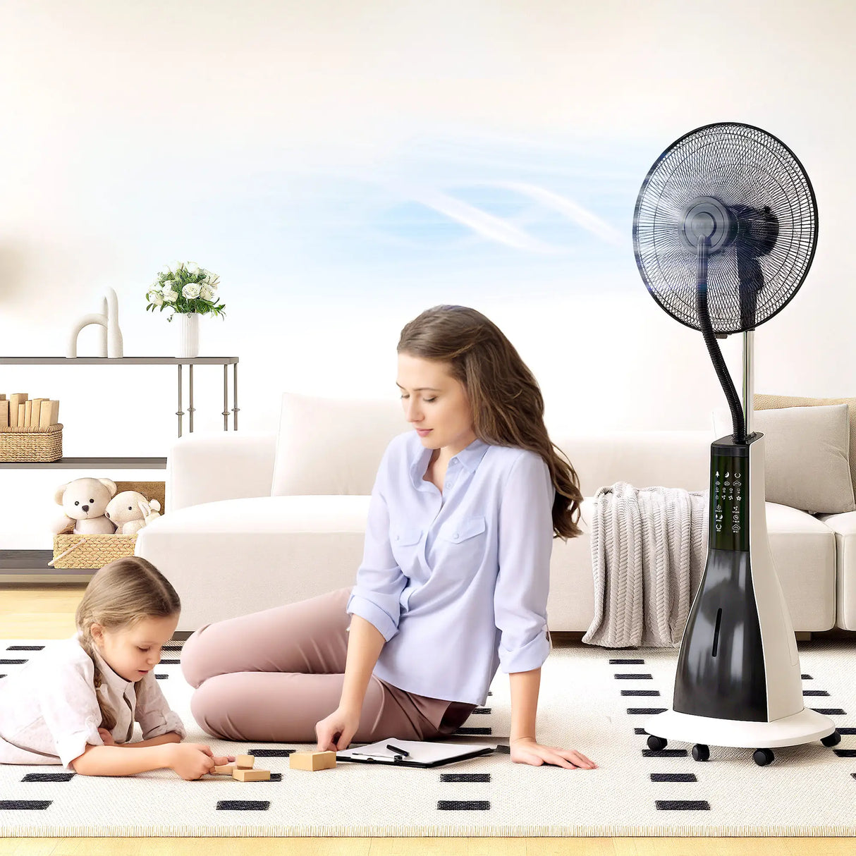 HOMCOM Pedestal Fan with Water Mist Spray, Spray Misting Fan with 75 Oscillation, Remote Control, Tilt Head, 3 Speeds, 3 Modes, 3 Mist, 3L Water Tank, Wheels, for Home, 125 cm
