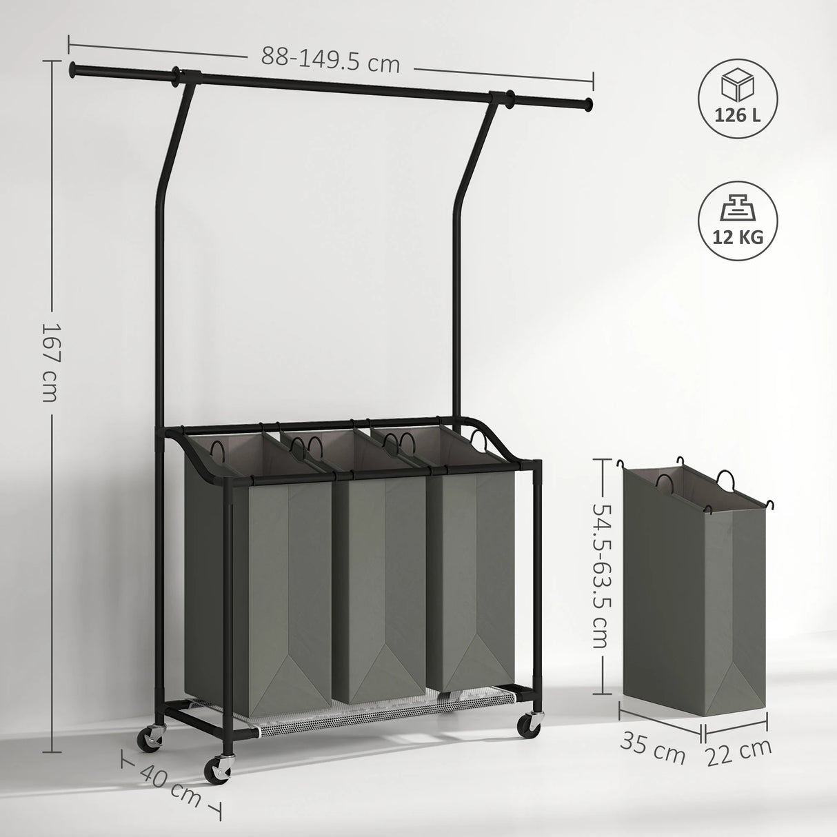 HOMCOM 3x 42L Laundry Basket Unit, with Hanging Rail - Black/Grey