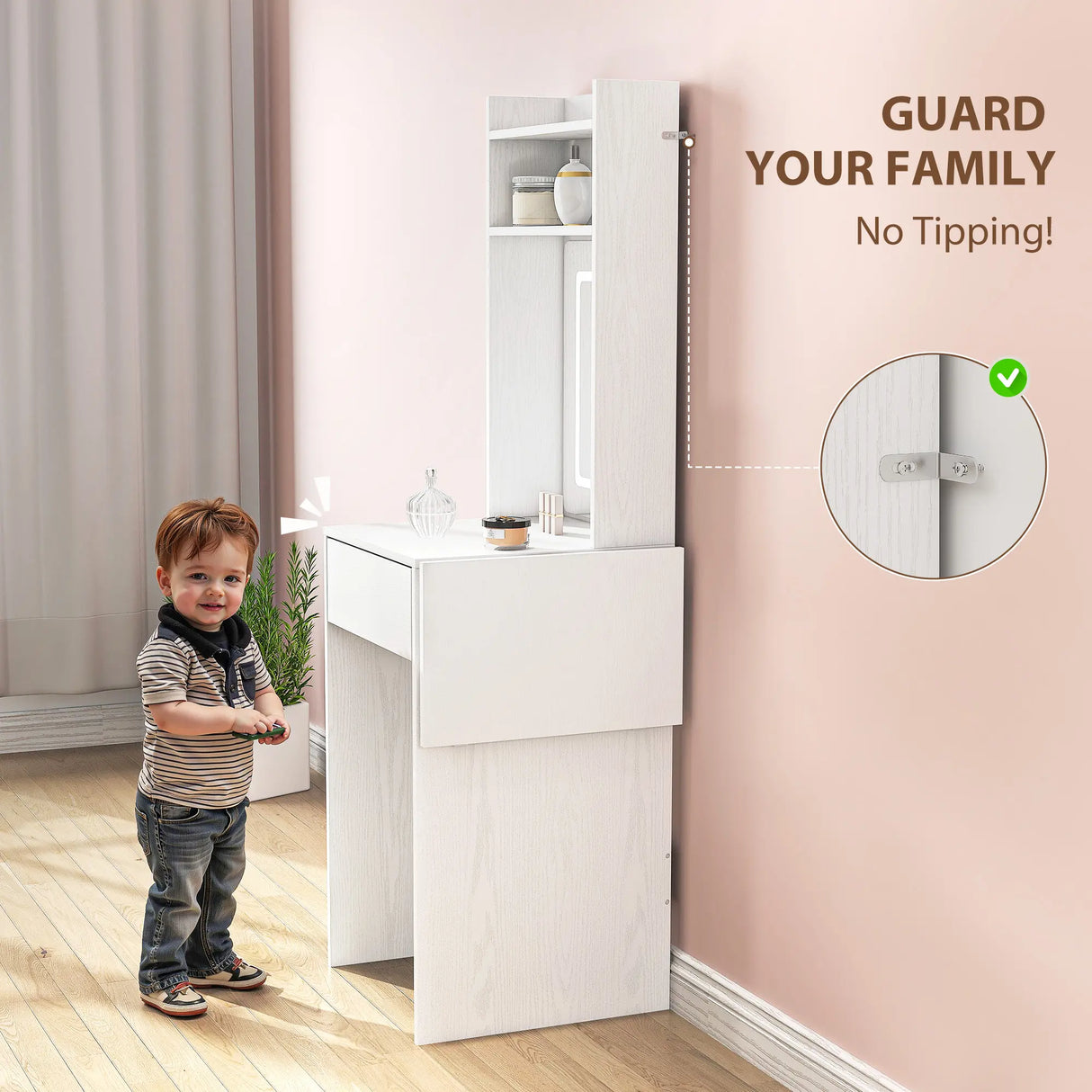 HOMCOM Small Vanity Desk with Mirror and LED Lights, Compact Dressing Table with Drop Leaf, Open Shelves and Drawer, White