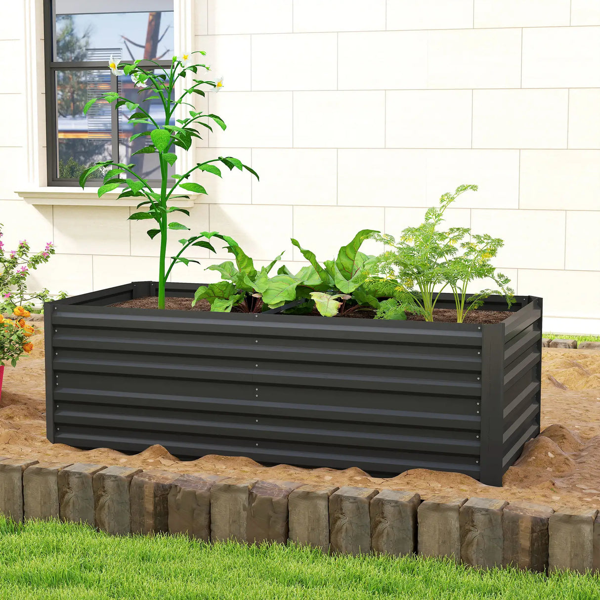 Outsunny Raised Beds for Garden, Galvanised Steel Outdoor Planters with Multi-reinforced Rods, 180 x 90 x 59 cm, Black