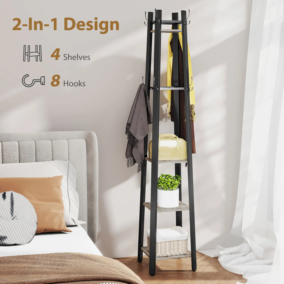HOMCOM Industrial-Style Four Shelf Coat Stand - Grey/Black