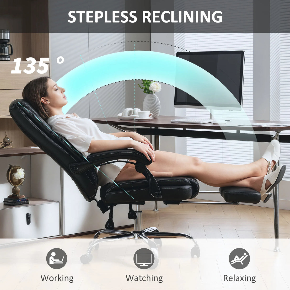 HOMCOM Faux Leather Reclining Office Chair, with Footrest - Black