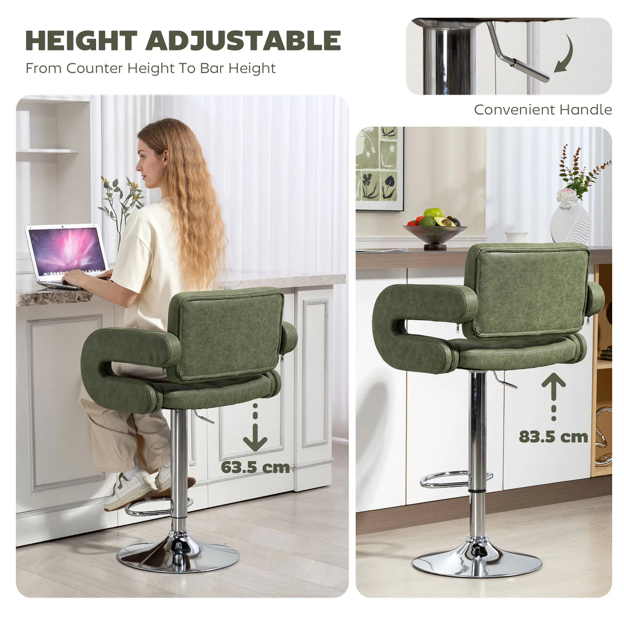 HOMCOM PU Leather Upholstered Swivel Bar Stool, Height Adjustable with Back, Armrest, Footrest, Green