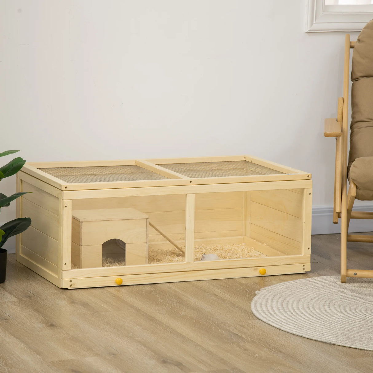 PawHut Wooden Hamster Cage with Sliding Tray, Openable Top, Hut for Syrian Hamster, Natural Wood Finish