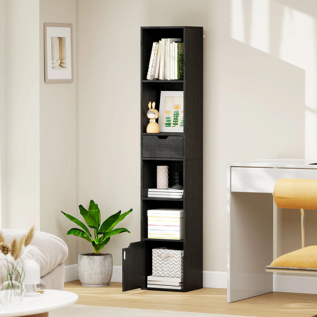 HOMCOM 6-Tier Bookcase, Tall Narrow Bookshelf with Drawer and Door - Black