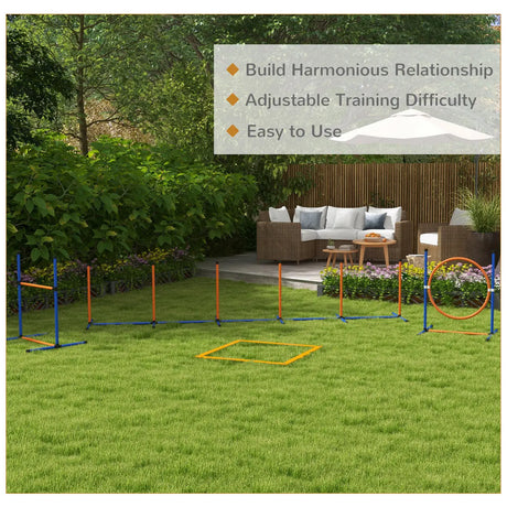 PawHut Dog Agility Training Equipment with Weave Poles, Jump Ring, Pause Box, Adjustable Hurdle, Carry Bag, Orange