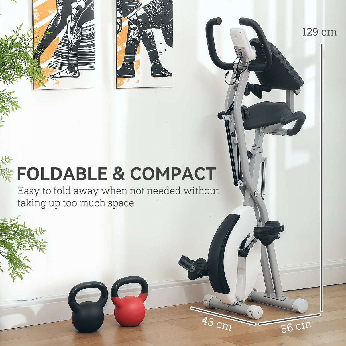 SPORTNOW Five-in-one Foldable Exercise Bike, Stationary Bike with Arm Workout Bands, LDC Monitor, Phone Holder, White