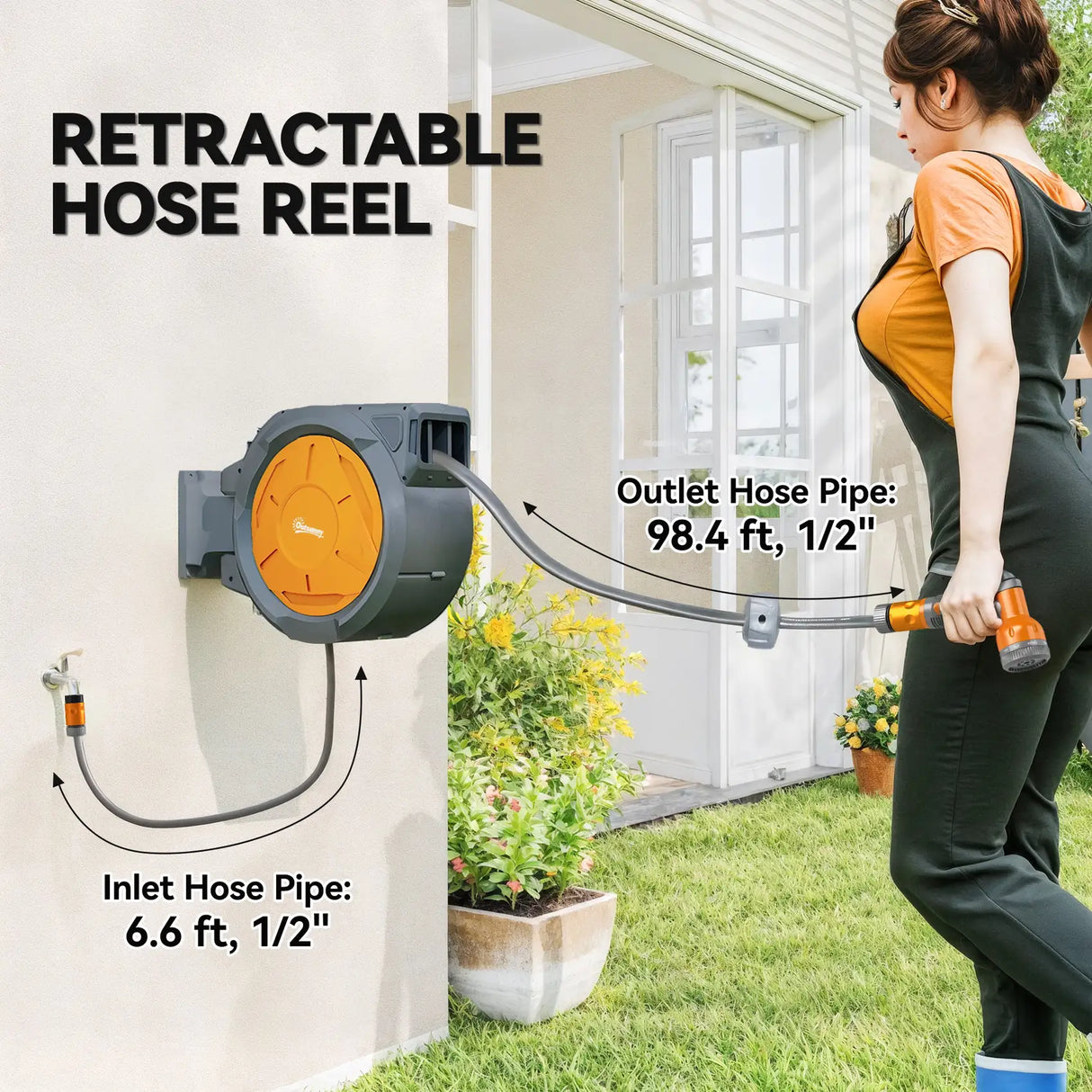 Outsunny Retractable Hose Reel Wall Mounted, 30+2m Garden Hose Pipe Reel with Lock, Auto Rewind, 7 in 1 Spray Nozzle, Includes Wall Fixings, 180 Swivel, Outdoor Watering, Orange