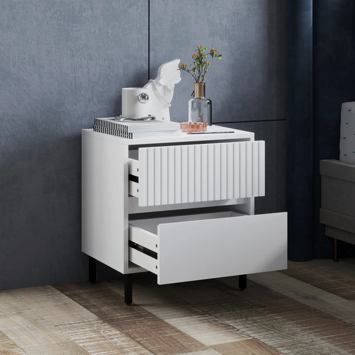 HOMCOM Simple Line Indented Two-Drawer Bedside Table Set of 2 - White
