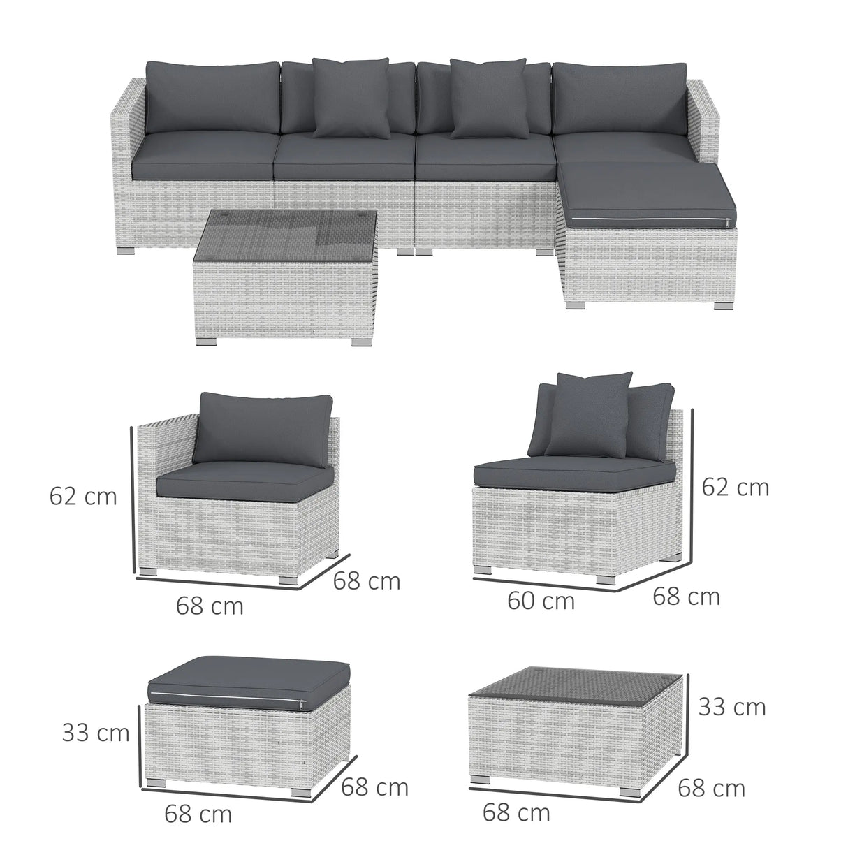 Outsunny 6 Pieces Rattan Corner Sofa Set - Mixed Grey