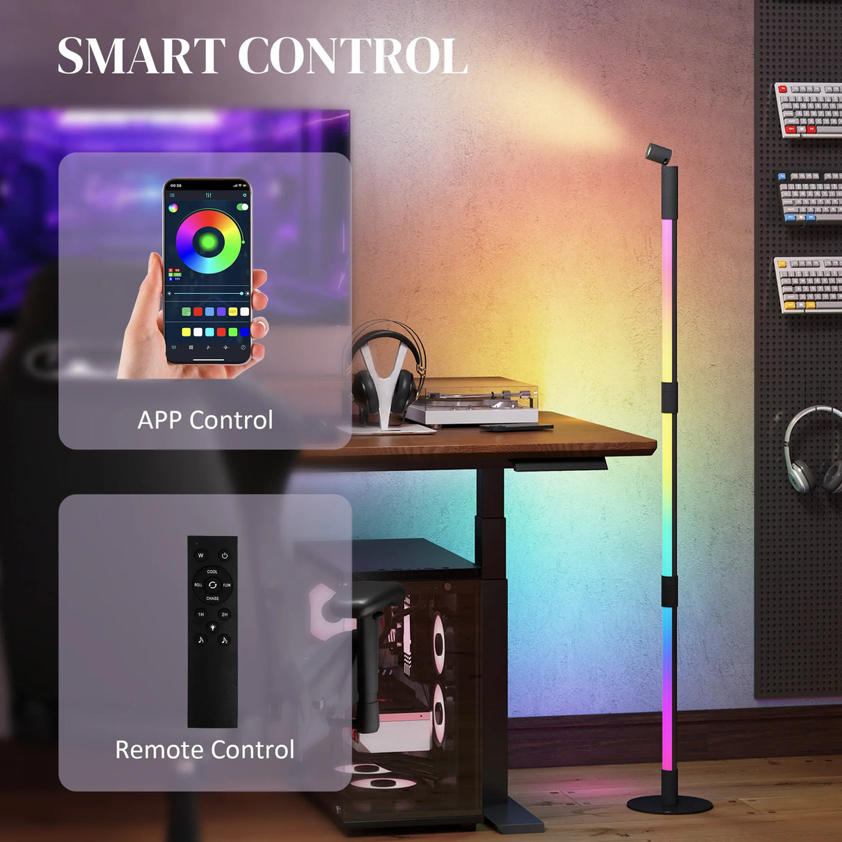 HOMCOM LED Floor Lamp with Reading Light, 360 RGB Detachable Corner Floor Lamp with App & Remote Control, Standing Lamp with Music Sync & Timing, for Living Room, Game Room, Dark Grey