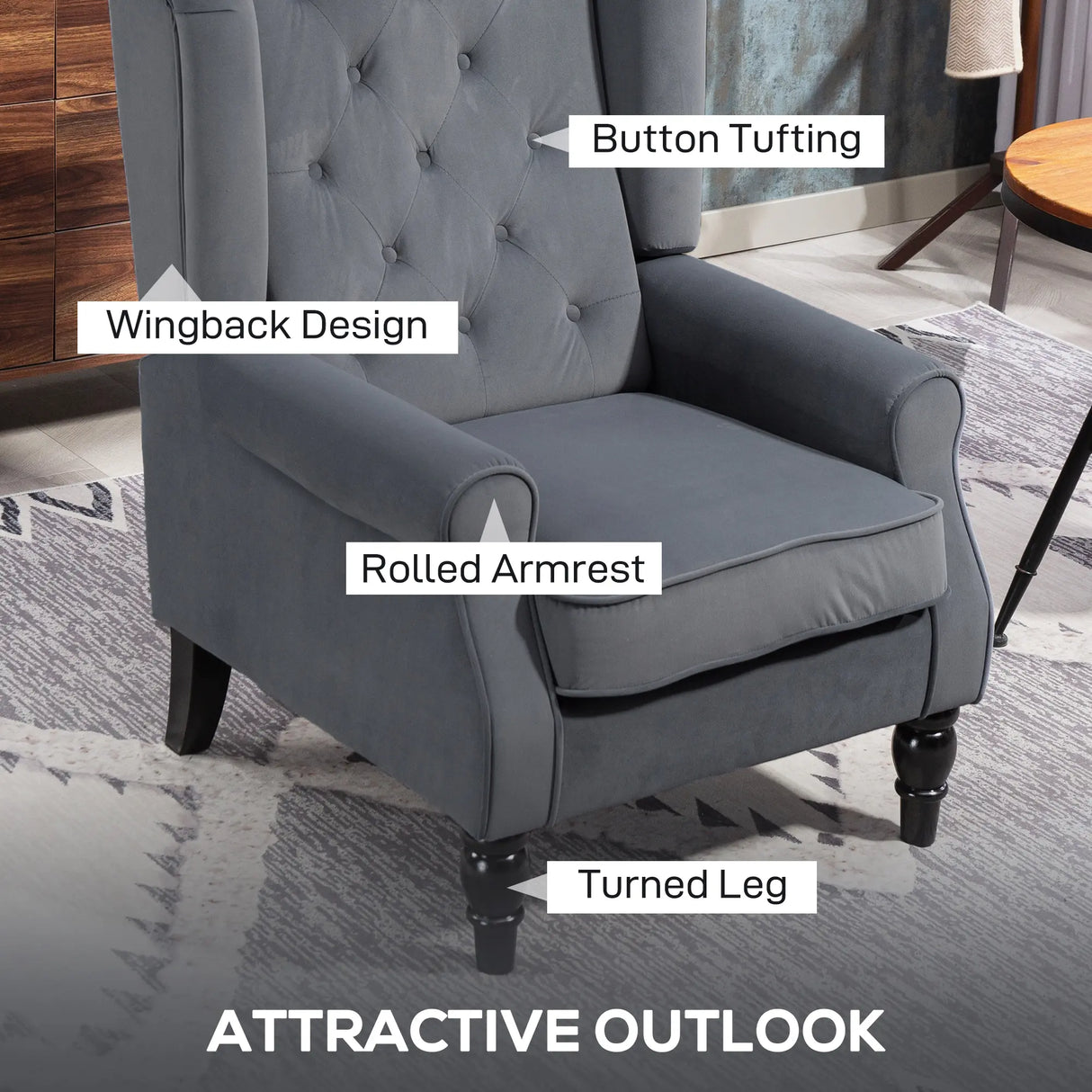 HOMCOM Wingback Accent Chair, Retro Upholstered Button Tufted Occasional Chair for Living Room and Bedroom, Grey