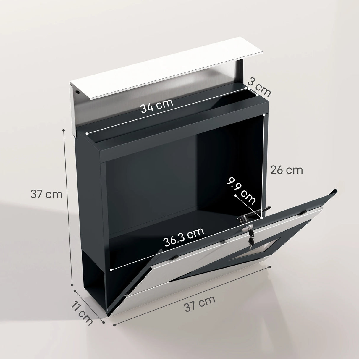 HOMCOM Wall Mounted Post Box with Viewing Window, 2 Lock, Modern Galvanised Steel Mailbox with Copper Core, Weatherproof Letterbox for Outdoor Use, Easy to Install, Silver