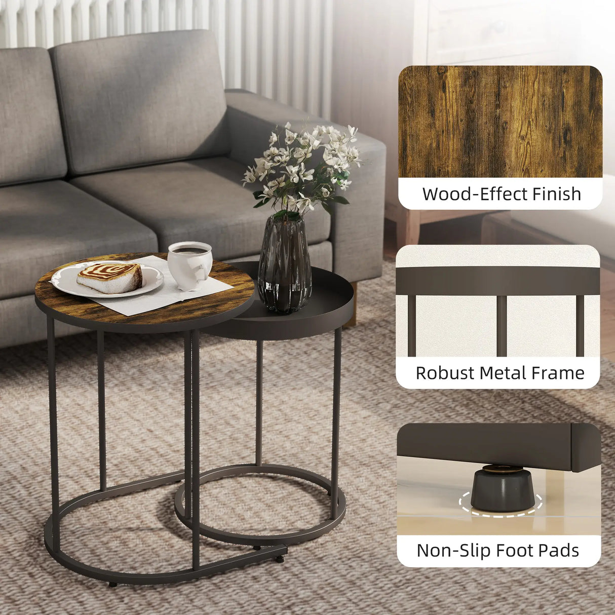 HOMCOM Round Nesting Side Table Set of 2 - Rustic Brown