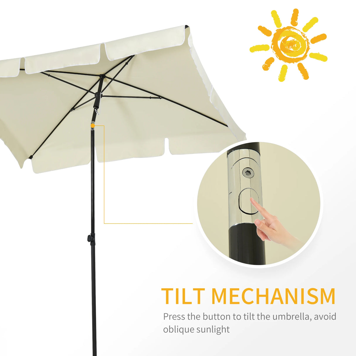 Outsunny 2 x 1.3m Garden Parasol Umbrella, Outdoor Market Table Umbrella with Ruffles & Aluminium Pole, Rectangular Tilting Parasol Sun Shade Canopy, Cream White