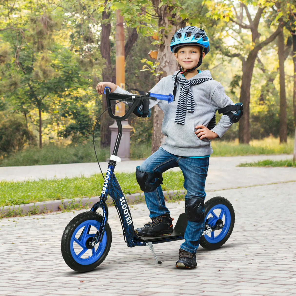AIYAPLAY Kids Scooter with Adjustable Handlebar, Children's Kick Scooter with Non-slip Footplate, Rear Brake, Kickstand, Blue