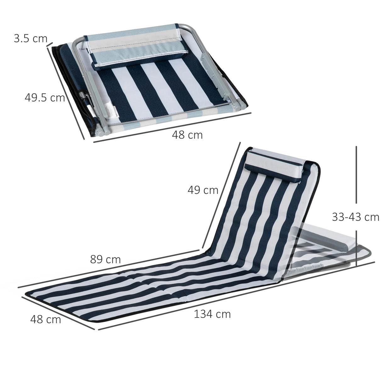 Outsunny Set of 2 Foldable Garden Beach Chair Mat Lightweight Outdoor Sun Lounger Seats Adjustable Back Metal Frame PE Fabric Head Pillow w/ Carry Bag, Blue